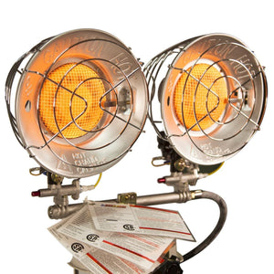 World Marketing dual burner propane heater with protective wire cages and warning labels