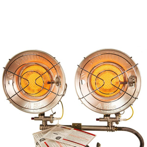 World Marketing dual head propane heater with glowing orange burner elements