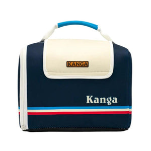 Kanga Coolers navy blue insulated lunch bag with cream top flap and blue white and red stripes