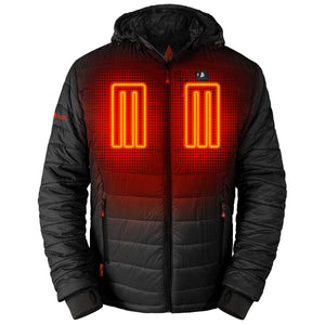 ActionHeat black hooded puffer jacket with glowing orange heating elements on the chest