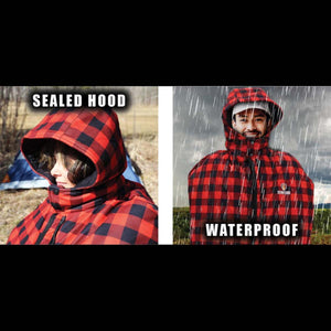 Person wearing a red and black plaid hooded jacket showing sealed hood and waterproof features