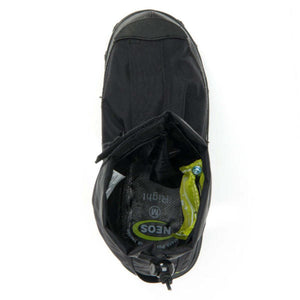 Top view of a black Neos overshoe with an open top and visible interior branding
