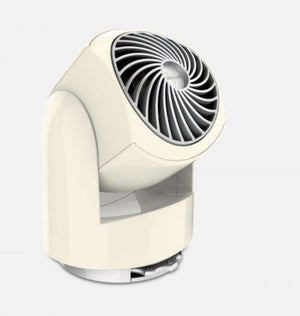 Cream colored Vornado air circulator fan with grey spiral grille