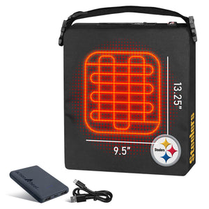 ActionHeat Steelers heated seat cushion with dimensions and power bank
