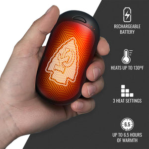 ActionHeat rechargeable hand warmer with Kansas City Chiefs logo and heating features listed
