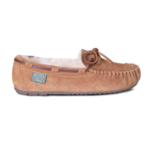 Cloud Nine Sheepskin tan suede moccasin slipper with leather lace and sheepskin lining