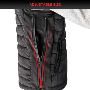 Black puffer vest with an adjustable side zipper panel