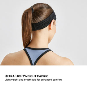 Back view of a person wearing a black Mission headband