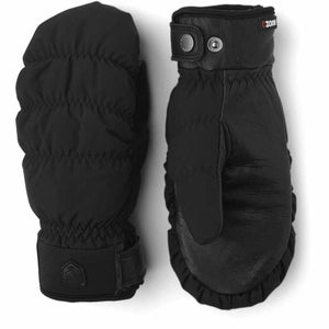 Hestra black leather and fabric mittens with CZone branding