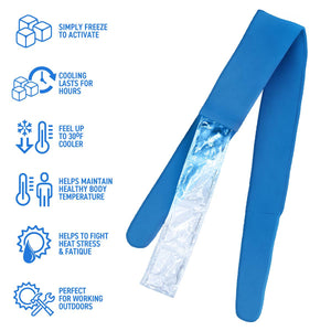 AlphaCool blue cooling neck wrap with infographic icons explaining freezing activation and heat relief benefits