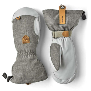 Hestra grey and white insulated mittens with leather palm and wrist strap