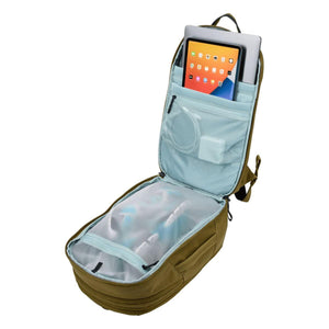 Open Thule backpack showing internal laptop sleeve tablet pocket and mesh storage compartments