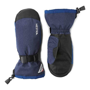 Hestra blue and black insulated winter mittens with adjustable wrist straps