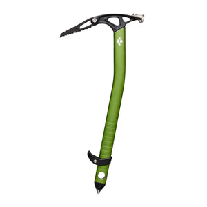 Black Diamond green ice axe with curved shaft and black pick