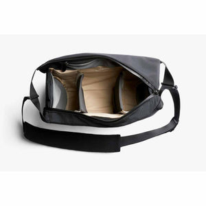 Open Bellroy Venture camera bag with internal dividers and beige lining