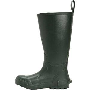 Dark green rubber rain boot with a pull tab