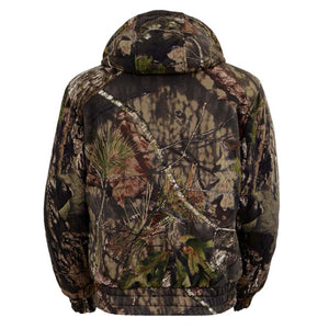 Back view of a Mossy Oak camouflage print hooded jacket