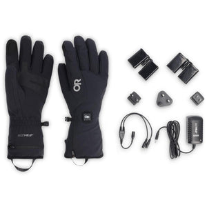 Outdoor Research AltiHeat heated gloves with batteries, charging cables, and international power adapters