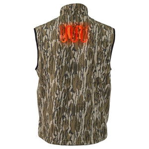 Mobile Warming camo vest back view with glowing red heating element graphic