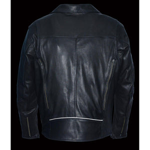 Back view of a black Milwaukee Leather motorcycle jacket with vertical zippered vents
