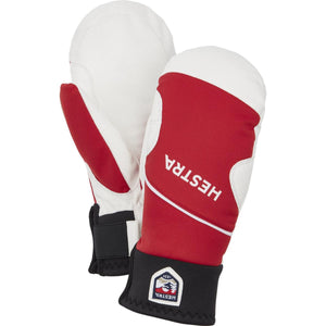 Hestra white and red winter mittens with black cuffs and Hestra logo