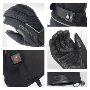 Gerbing heated glove details showing fabric texture, leather palm, adjustable strap, and power button