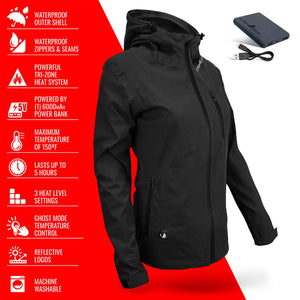 ActionHeat black hooded jacket with power bank and feature list