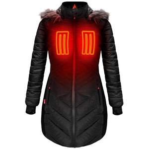 ActionHeat black hooded puffer jacket with glowing chest heating elements