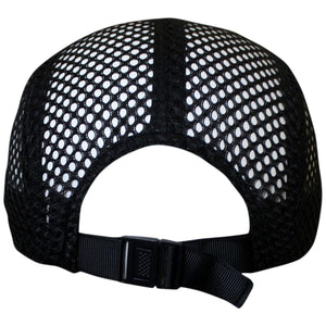 Back view of a black Headsweats mesh performance cap with adjustable buckle strap