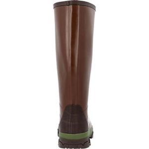 Back view of a tall brown rubber rain boot with a green sole