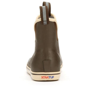 Rear view of olive green Xtratuf ankle boot with pull tab
