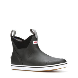 Xtratuf black ankle deck boot with white sole and pull tabs