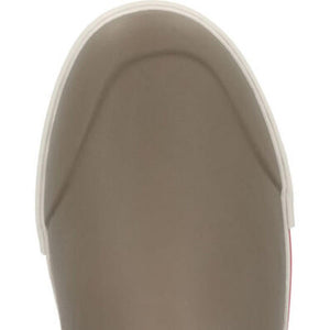 Close up of a grey rubber boot toe cap
