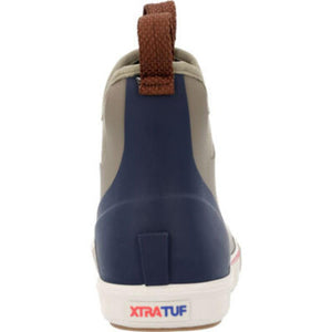 Back view of Xtratuf ankle boot with navy blue heel and brown pull tab