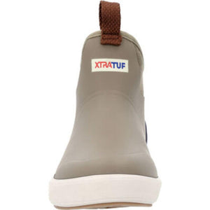 Xtratuf ankle boot in olive green with white sole and brown pull tab