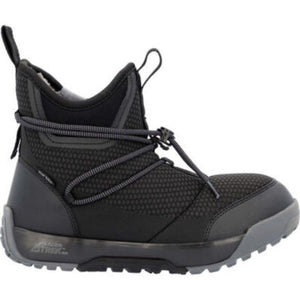 Xtratuf black ankle boot with toggle lacing system and grey lug sole