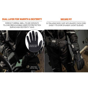Winter gloves with removable thermal shell and touchscreen liner featuring adjustable elastic cinch cord cuffs
