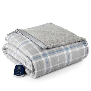 Shavel grey plaid electric blanket with sherpa lining and digital controller