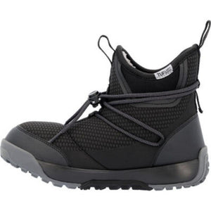 Xtratuf black ankle boot with toggle lacing system and grey rubber sole
