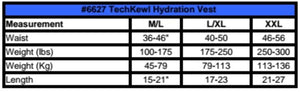 TechKewl hydration vest size chart showing waist weight and length measurements for sizes M L L XL and XXL