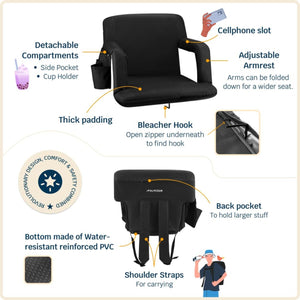 Alpcour stadium seat features including adjustable armrests, detachable compartments, bleacher hook, and shoulder straps