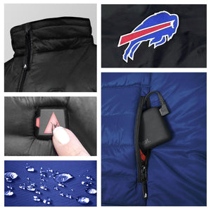 ActionHeat vest features including Buffalo Bills logo, power button, battery pack, and water resistant fabric