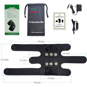 UTK far infrared knee wrap with power adapter, controller, storage bag, and dimension measurements