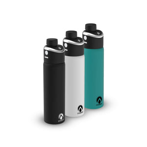 Three ExtremeMIST water bottles in black white and teal with black misting caps