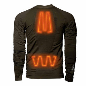 Back view of olive green long sleeve base layer with orange glowing heating elements on upper and lower back