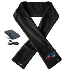 ActionHeat black fleece scarf with New England Patriots logo battery pack and charging cable