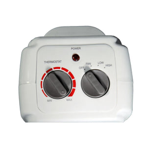 World Marketing heater control panel with thermostat and fan speed dials