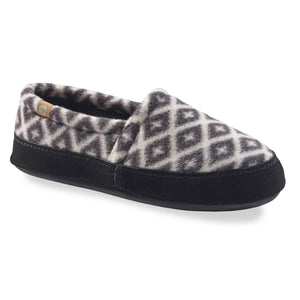 Acorn slipper with black and white diamond pattern and black suede trim