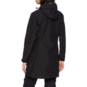 Back view of a black Helly Hansen hooded rain jacket
