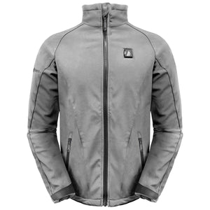 Grey softshell heated jacket with front zipper and high collar
